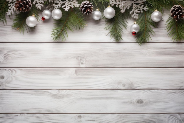 Kerstachtergrondbehang rustiek wit hout omringd door kerstversiering Genatieve AI