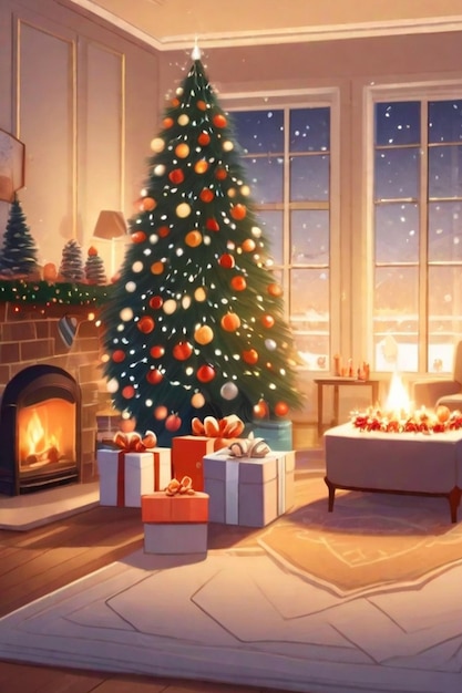 kerstavond huis grote kamer met kerstverlichting open haard gezellige winter vibe illustratie