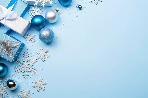 Kerstavondconcept Foto van het bovenaanzicht van blauwe en zilveren kerstballen, sneeuwvlokornamenten, stijlvolle huidige dozen en confetti