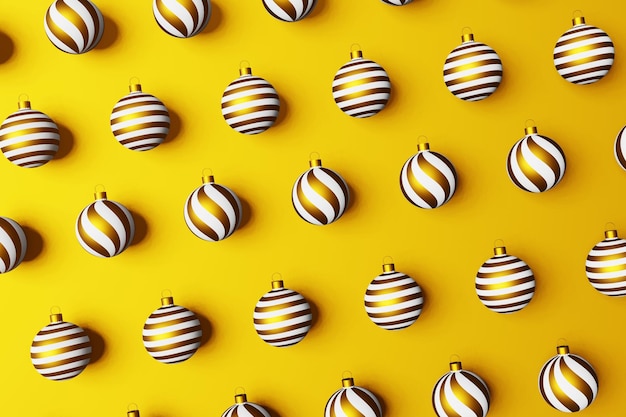 Kerstballen 3D patroon behang bovenaanzicht plat leggen gele achtergrond Xmas feestelijk ornament witgoud decoraties