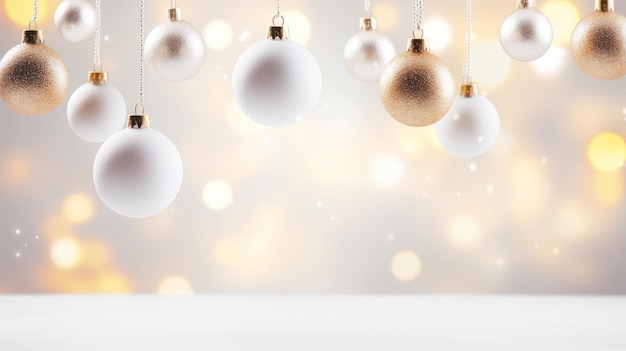 Kerstballen en speelgoed op lichte witte achtergrond met bokehlichten op kerstavond