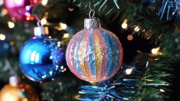 Kerstballen hangen aan dennenboom feestelijke decoraties