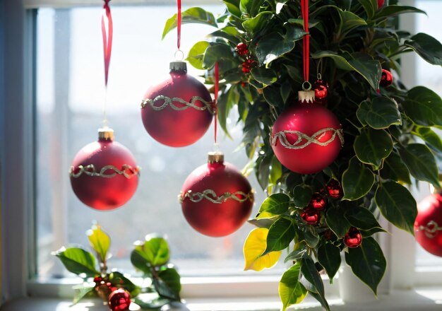 Kerstballen hangen aan een binnenplant in een zonnig raam