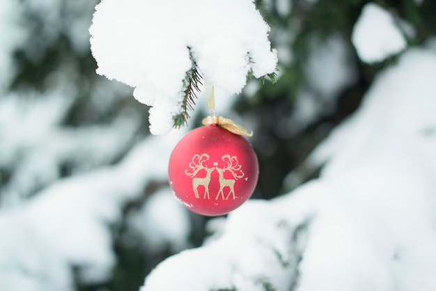 Kerstballen hangen in de winter aan de kerstboom