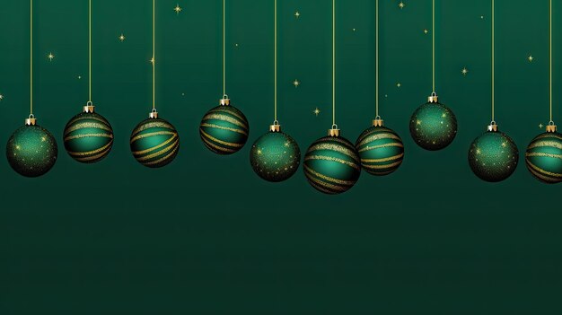 Kerstballen hangen in een rij op een groene achtergrond Winter vakantie kaart met ballen