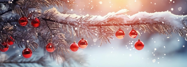 Kerstballen hangen op bevroren dennen takken vakantie en viering concept Generatieve AI