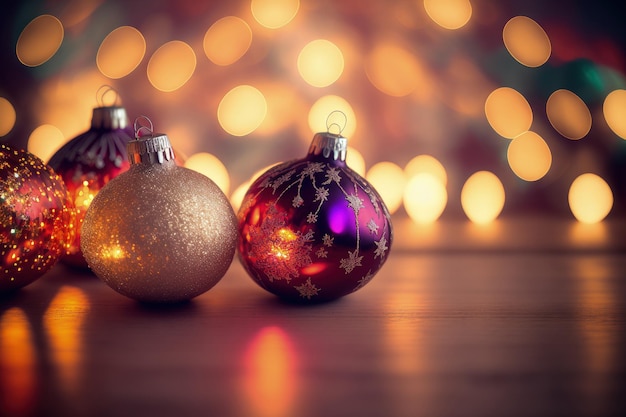 Kerstballen met bokeh lichten op een feestelijke setting