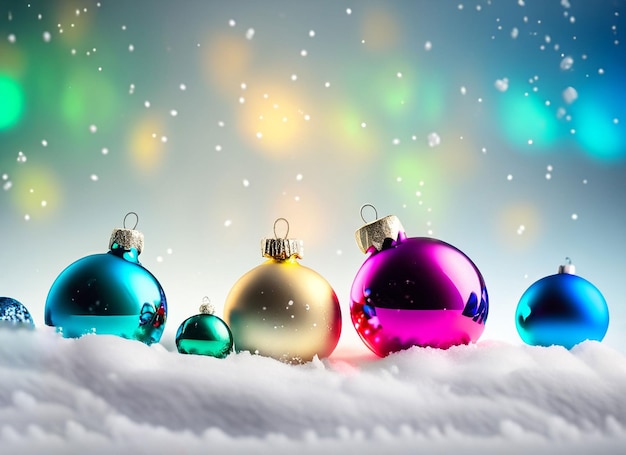 Kerstballen of decoraties in de sneeuw op een heldere winterachtergrond