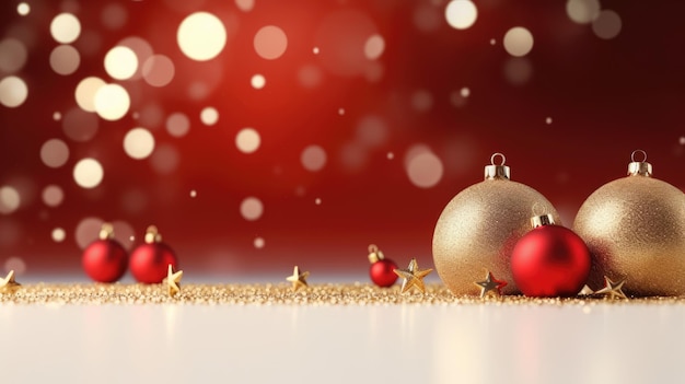 Kerstballen op rode achtergrond Nieuwjaarsbehang met kerstballen geschenken decoratieconcept