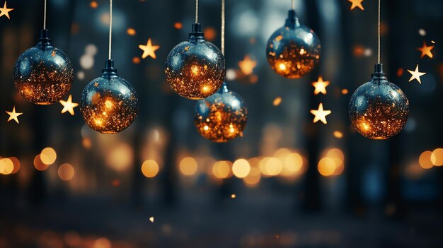 Foto kerstballen ophangen op nachtelijke achtergrond met bokeh