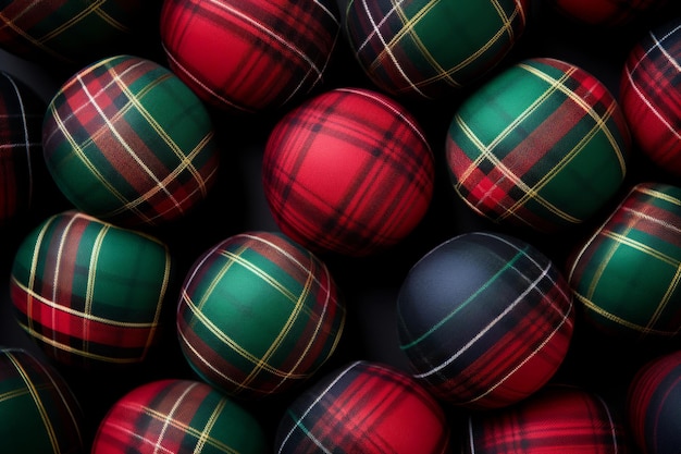 Kerstballen tartan plaid ontwerp Seizoensgebonden achtergrond met decor in groene en rode kleuren Generatieve AI-illustratie