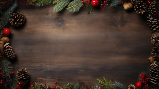 Kerstbanner met houten oppervlakte en versieringen met kopieerruimte