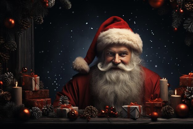 Foto kerstbanner met lege ruimte voor tekst santa claus vieren met giftboxen dennen takken