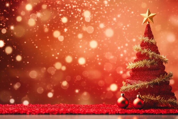 Kerstbanner met lege ruimte voor tekstkerstboom en sprankelende bokehlichten op rood canvas
