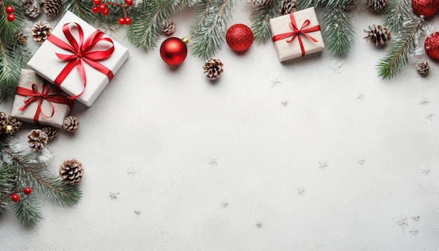 Kerstbanner met veel geschenken witte achtergrond nieuwjaarsconcept bovenkant lege ruimte voor tekst