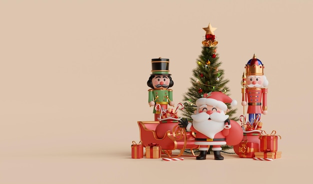 Kerstbanner van de kerstman met kerstboomgeschenkdoos en notenkraker 3d illustratie