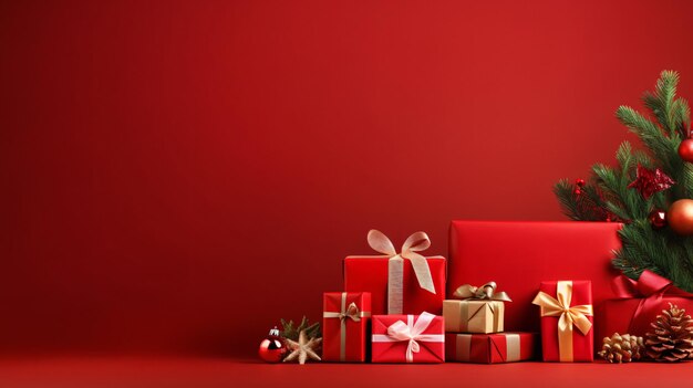 Kerstbanners met geschenken en versieringen op een rode achtergrond