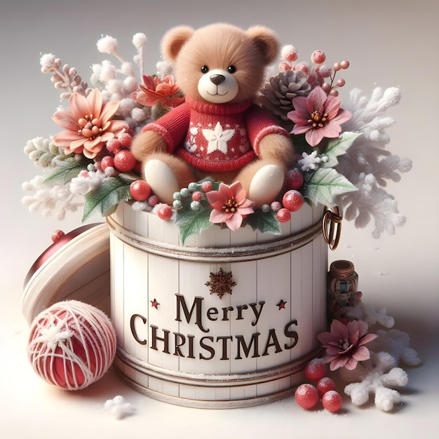 Kerstbloemen en een teddybeer 3d render