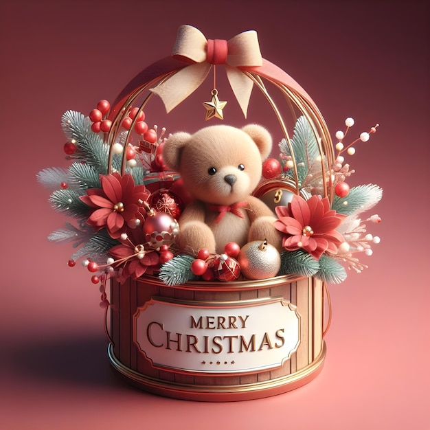 Kerstbloemen en een teddybeer 3d render