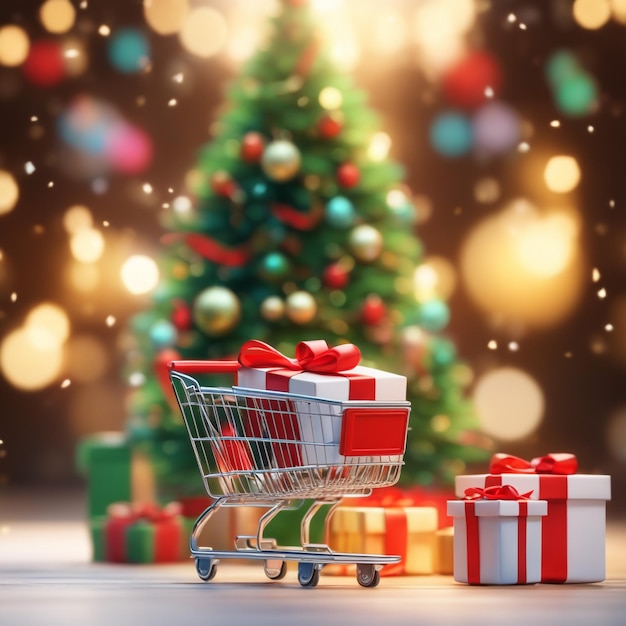 Kerstbomen en geschenken met een winkelwagentje en de sfeer is vreugdevolle achtergrond