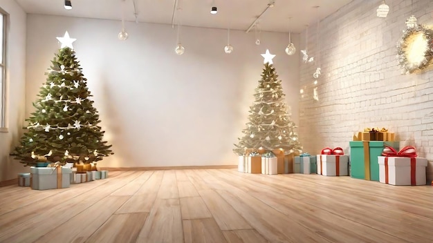 Kerstbomen en geschenkkist versierde muur met string licht als een partij generatieve AI