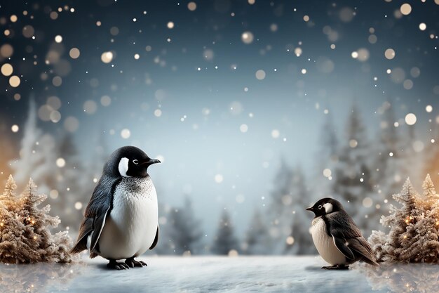 Kerstbomen en pinguïns op blauwe achtergrond met bokeh-effectkopieerruimte voor tekst