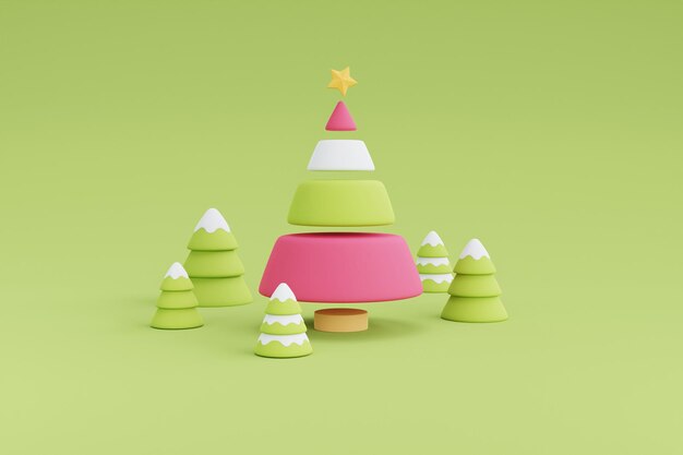 Kerstbomen omgeven door dennenboom, minimaal 3D-ontwerp Xmas Decorations.3d render illustratie.