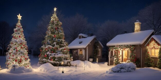 Kerstbomen versiering voor het huis in het kleine dorp decoratieve lichten sterren bubbels winkels