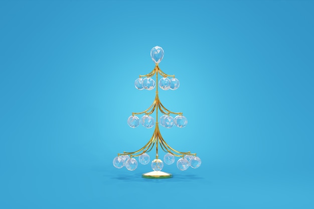 Foto kerstboom breekbare gouden draad decoratie hangende bal kristalglas. bevallige stuk speelgoed conceptontwerp blauwe achtergrond. elegante sieraden symbool van het nieuwe jaar. 3d-weergave