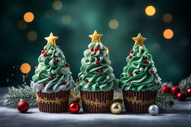 Kerstboom cupcakes op groene achtergrond