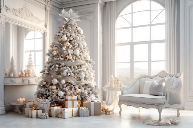 Kerstboom en ambachtelijke geschenkdozen met beige strikken in wit interieur Generative AI