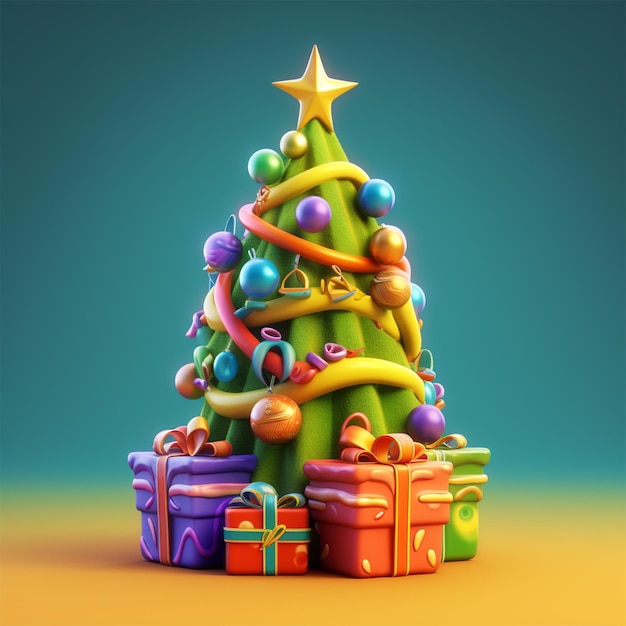 kerstboom en cadeau 3D-cartoon