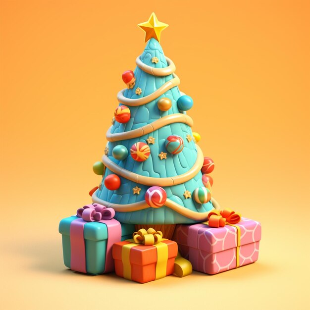 kerstboom en cadeau 3D-cartoon