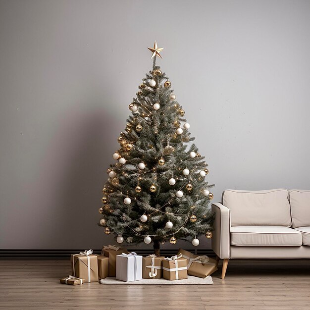 Foto kerstboom en cadeau dozen in minimalistische