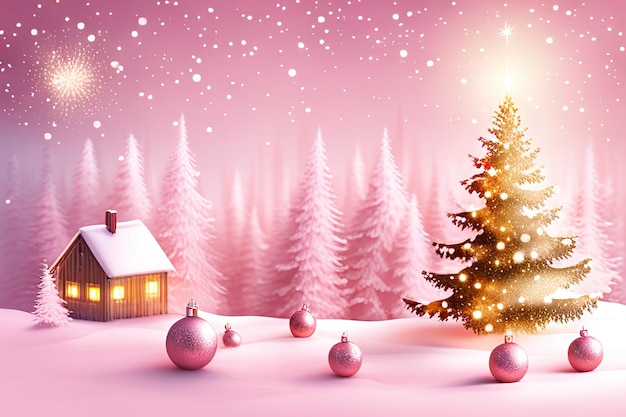 Kerstboom en decoraties mooie pastel roze en gouden kerst achtergrond kopie ruimte