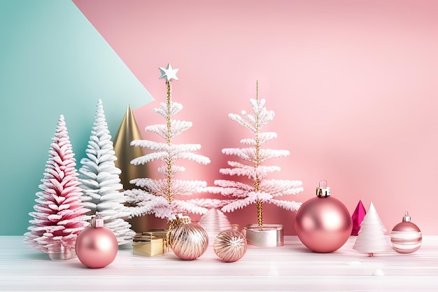 Kerstboom en decoraties mooie pastel roze en gouden kerst achtergrond kopie ruimte