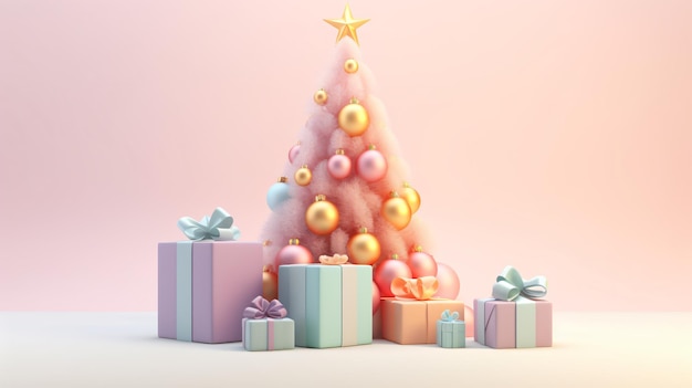 Kerstboom en geschenk 3d gradiënt pastel achtergrond