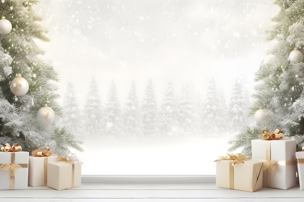 Kerstboom en geschenk dozen decoraties op houten tafel met lichten bokeh wazige sneeuw winter landschap