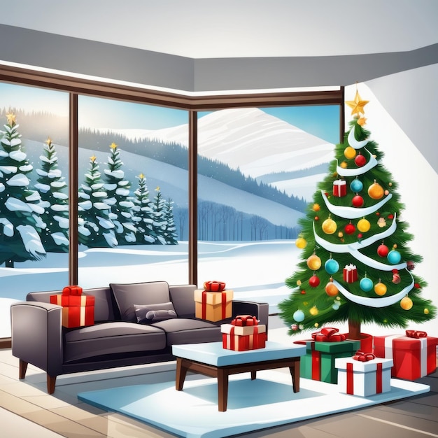 Kerstboom en geschenken in een luxe appartement met een sneeuwrijke uitzicht op de stad