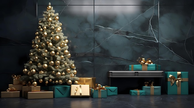 kerstboom en geschenken op de achtergrond van een marmeren groene muur AI gegenereerd