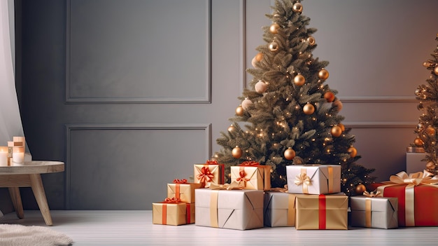 Foto kerstboom en geschenkkistjes gestapeld rond de boom in een gezellig huis