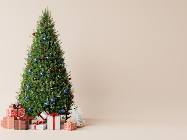 Kerstboom en Nieuwjaar crème kleur background.3D rendering