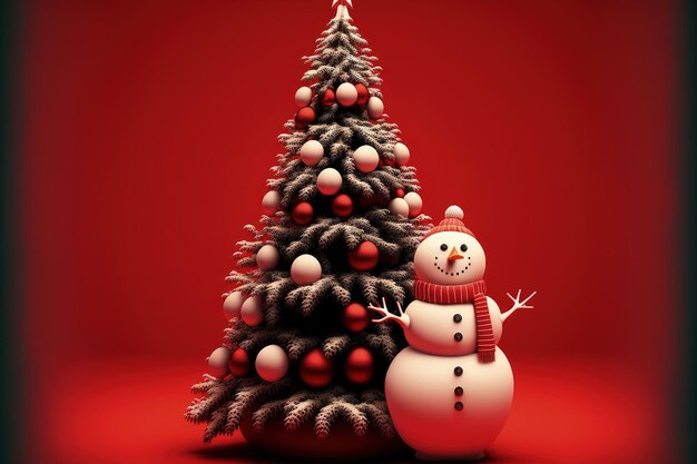 Kerstboom en sneeuwpop op een rode achtergrond voor een feestelijk of professioneel idee