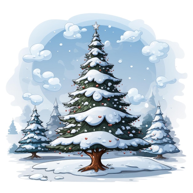Foto kerstboom geïsoleerd op witte achtergrond illustratie getekend in cartoon stijl viering van kerstmis of nieuwjaar