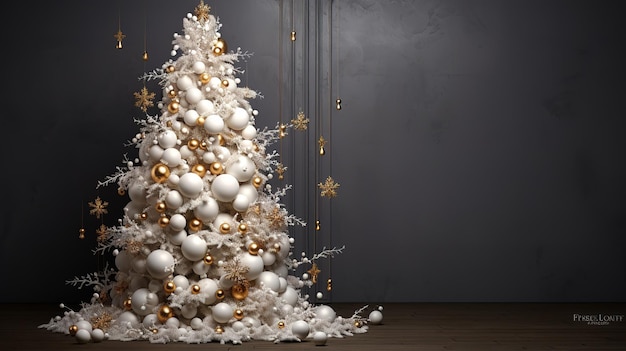 Kerstboom gemaakt van decoratieve nieuwjaarspastelroze speelgoedballen Gouden en zilveren ballen Interieur