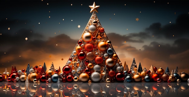 Kerstboom gemaakt van kerstballen confetti wazige bokeh achtergrond AI gegenereerd beeld