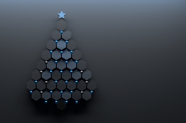 Kerstboom gemaakt van zeshoeken met blauwe decoratieve bollen en een ster.