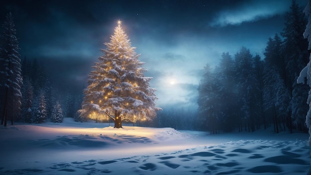 kerstboom gloeiend onder de sneeuw