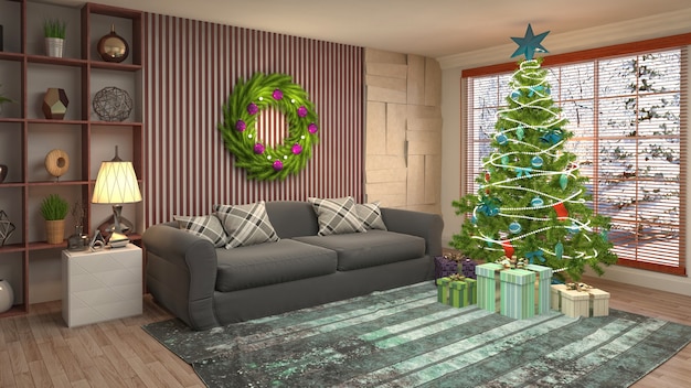 Kerstboom illustratie in woonkamer interieur