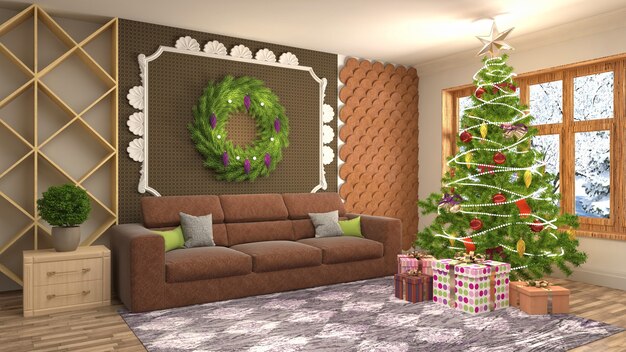 Kerstboom illustratie in woonkamer interieur